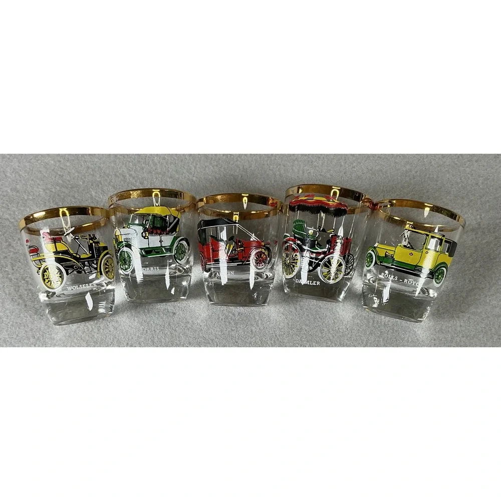 Vintage Car Shot Glass Set Gold Rim Barware 5pc Retro Auto Design‎
